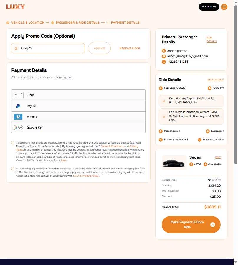 Luxy Ride checkout page showing Luxy Ride promo code box | Screenshot taken by SimplyCodes community member on Feb 6, 2026