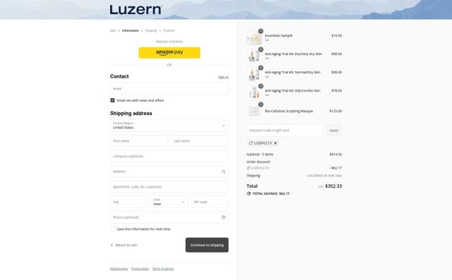 Luzern checkout page showing Luzern discount code box | Screenshot taken by SimplyCodes community member on Sep 12, 2025