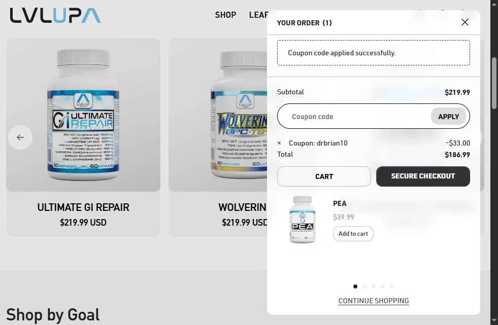 LVLUP Health checkout page showing LVLUP Health discount code box | Screenshot taken by SimplyCodes community member on Feb 11, 2026