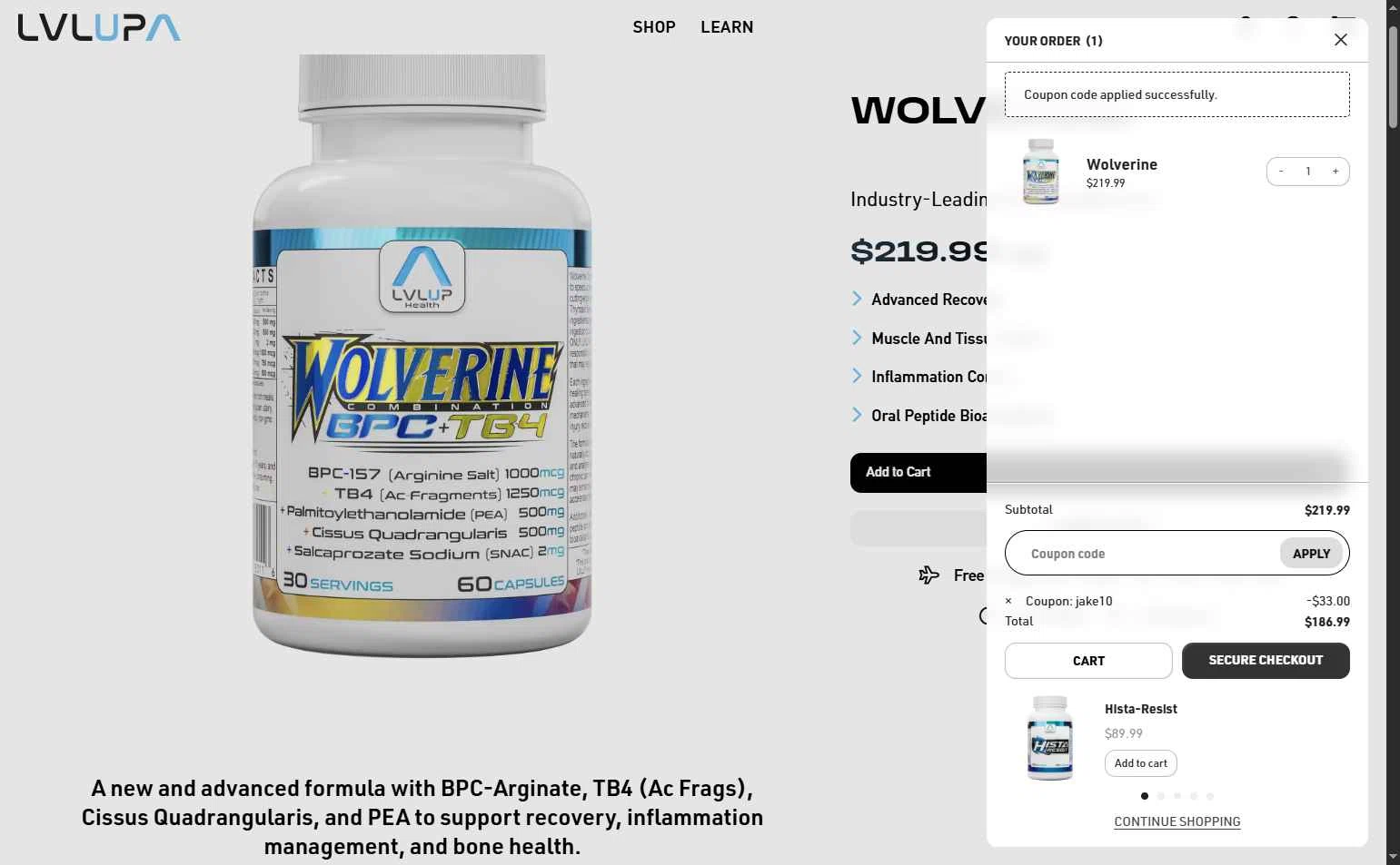 LVLUP Health checkout page showing LVLUP Health discount code box | Screenshot taken by SimplyCodes community member on Feb 11, 2026