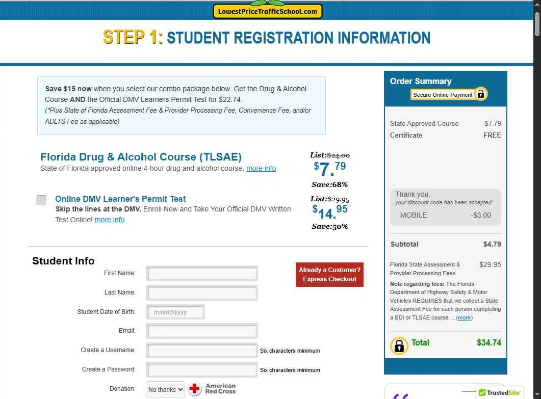 Lowest Price Traffic School checkout page showing Lowest Price Traffic School coupon code box | Screenshot taken by SimplyCodes community member on Jul 29, 2025