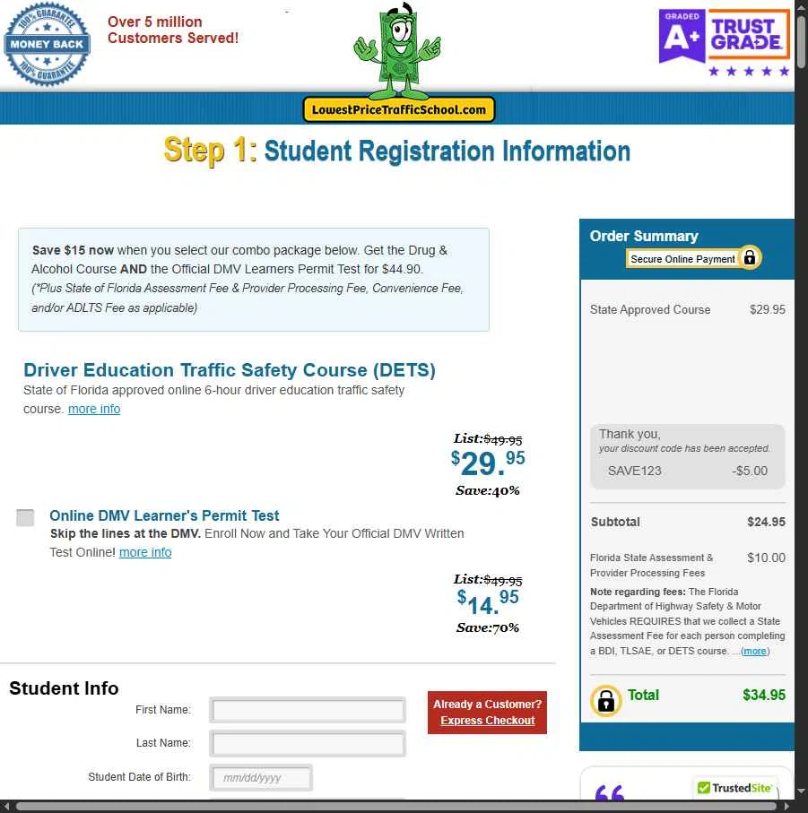 Lowest Price Traffic School checkout page showing Lowest Price Traffic School coupon code box | Screenshot taken by SimplyCodes community member on Aug 23, 2025