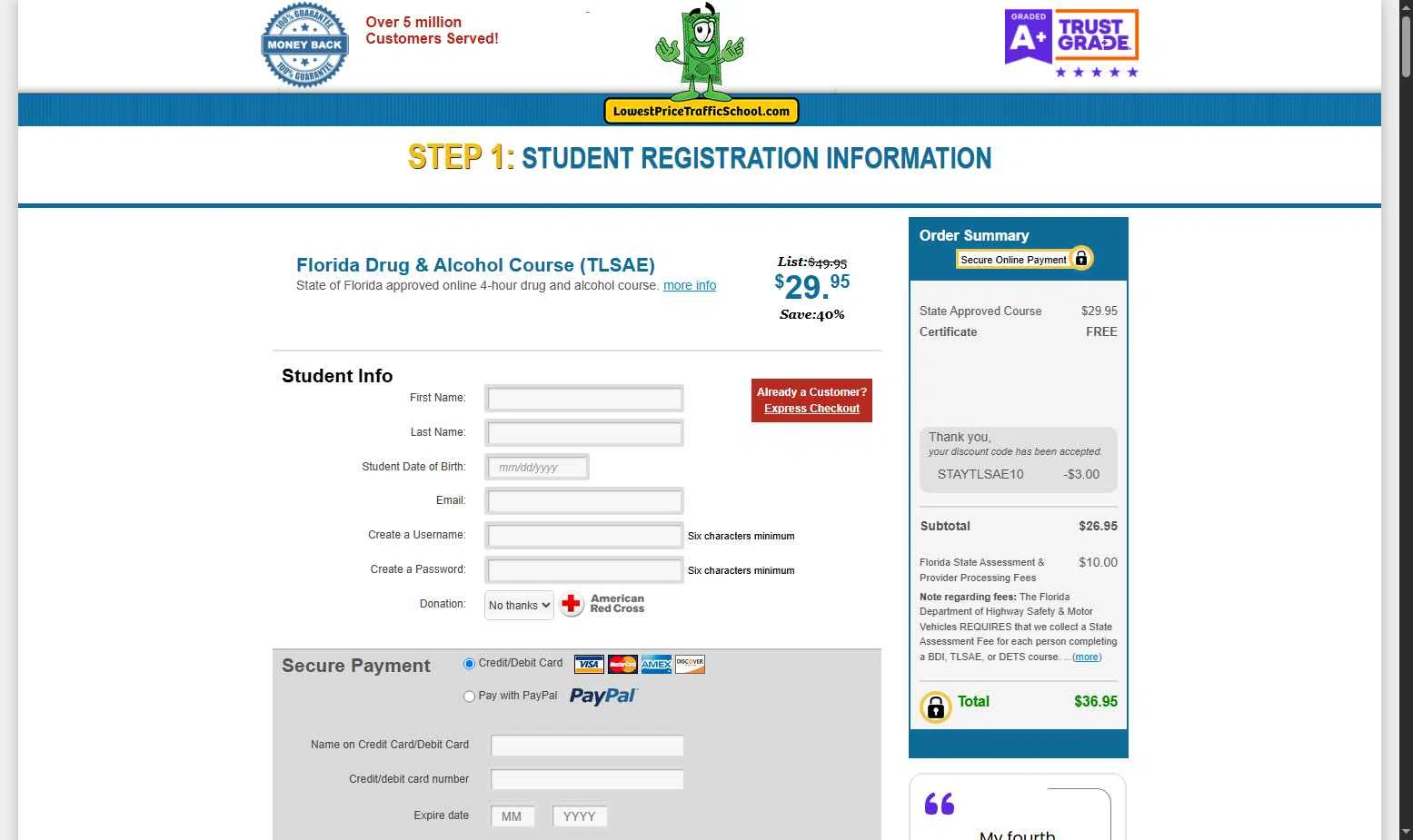 Lowest Price Traffic School checkout page showing Lowest Price Traffic School coupon code box | Screenshot taken by SimplyCodes community member on Aug 23, 2025