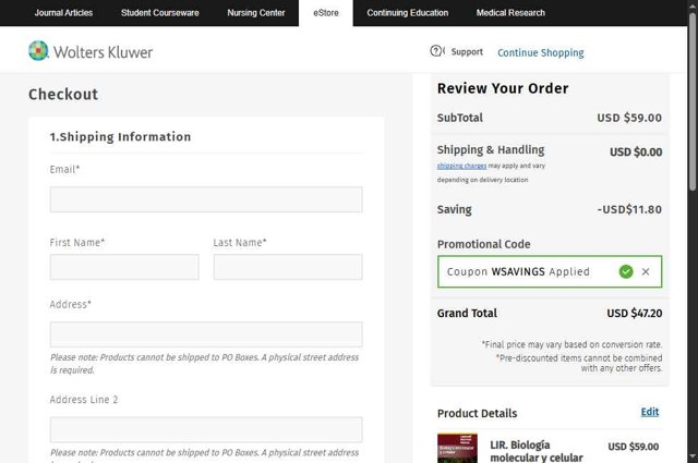 LWW Store checkout page showing LWW Store promo code box | Screenshot taken by SimplyCodes community member on May 27, 2025