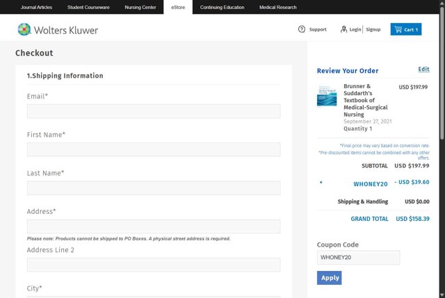 LWW Store checkout page showing LWW Store promo code box | Screenshot taken by SimplyCodes community member on Apr 18, 2025