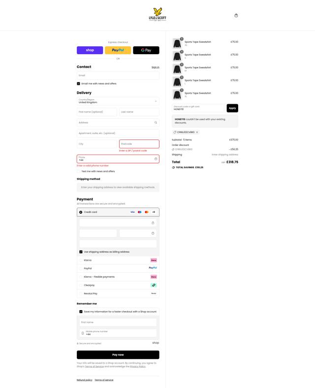 Lyle & Scott checkout page showing Lyle & Scott coupon code box | Screenshot taken by SimplyCodes community member on Sep 10, 2025