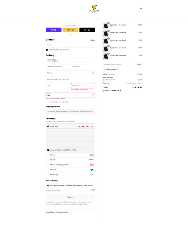 Lyle & Scott checkout page showing Lyle & Scott coupon code box | Screenshot taken by SimplyCodes community member on Sep 14, 2025