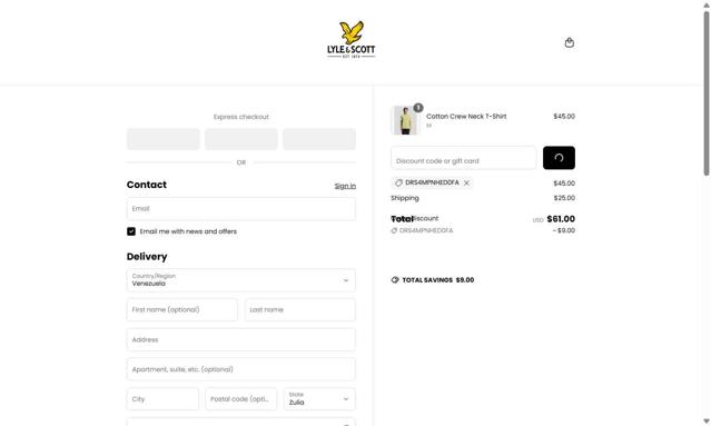 Lyle & Scott checkout page showing Lyle & Scott coupon code box | Screenshot taken by SimplyCodes community member on Sep 13, 2025