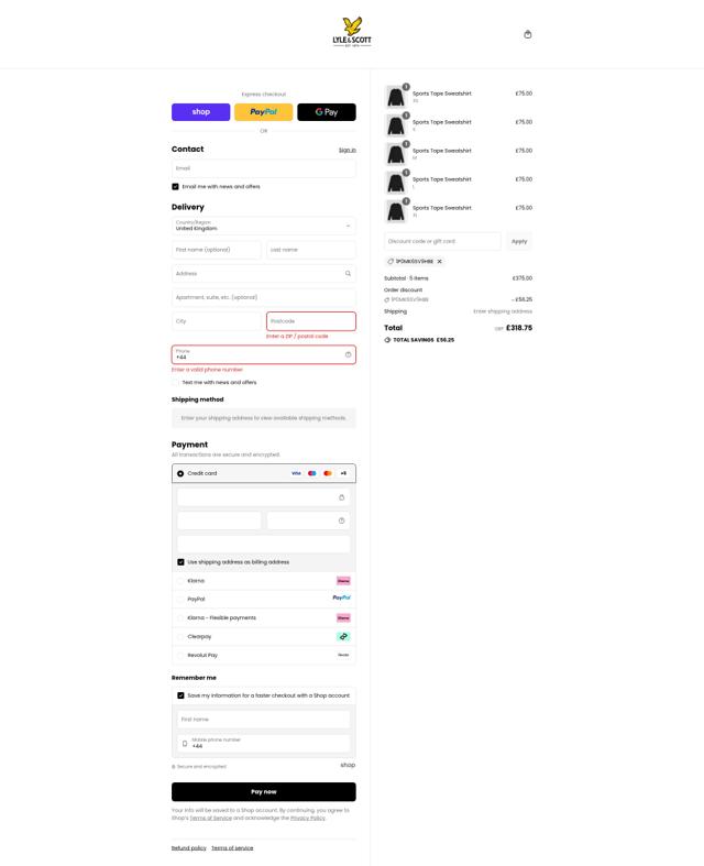 Lyle & Scott checkout page showing Lyle & Scott coupon code box | Screenshot taken by SimplyCodes community member on Sep 14, 2025
