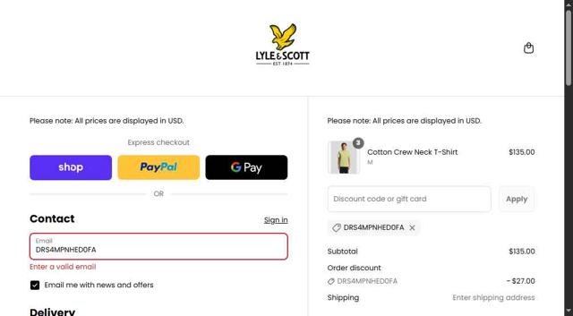 Lyle & Scott checkout page showing Lyle & Scott coupon code box | Screenshot taken by SimplyCodes community member on Sep 13, 2025