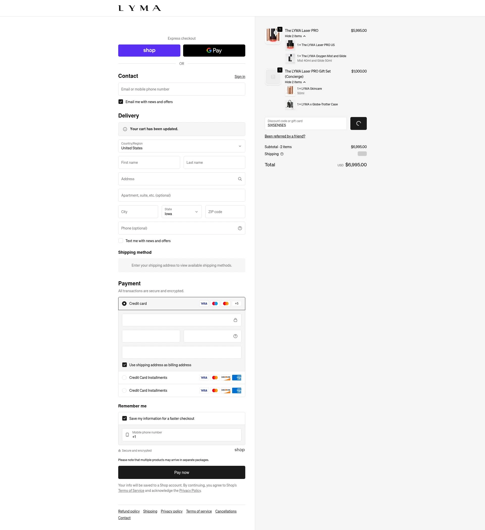 LYMA checkout page showing LYMA discount code box | Screenshot taken by SimplyCodes community member on Jan 6, 2026