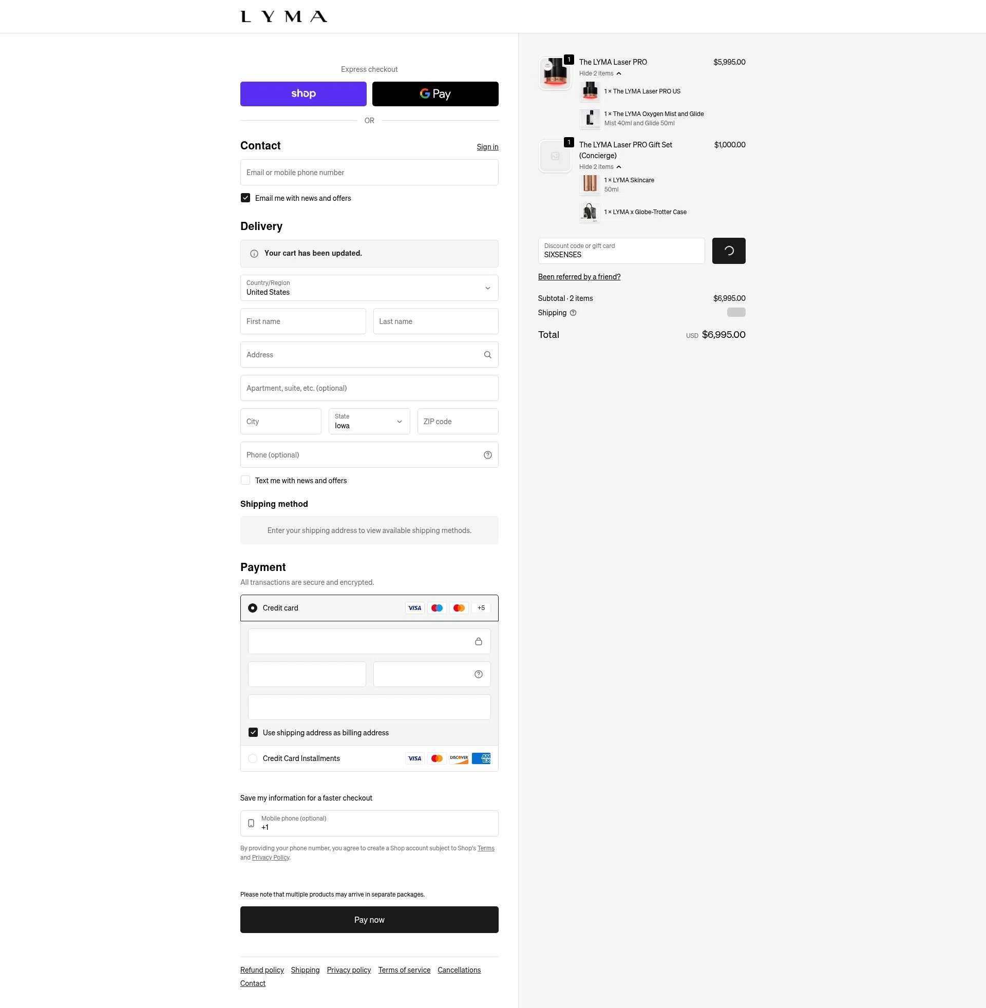 LYMA checkout page showing LYMA discount code box | Screenshot taken by SimplyCodes community member on Feb 8, 2026
