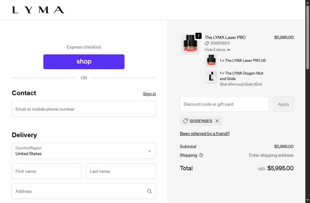 LYMA checkout page showing LYMA discount code box | Screenshot taken by SimplyCodes community member on Jan 26, 2026