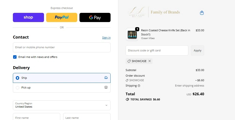 Lynn & Liana Designs promo code screenshot showing code SHOWCASE applied at Lynn & Liana Designs checkout page. Uploaded by SimplyCodes community member WiseTitan5941 on Dec 23, 2025