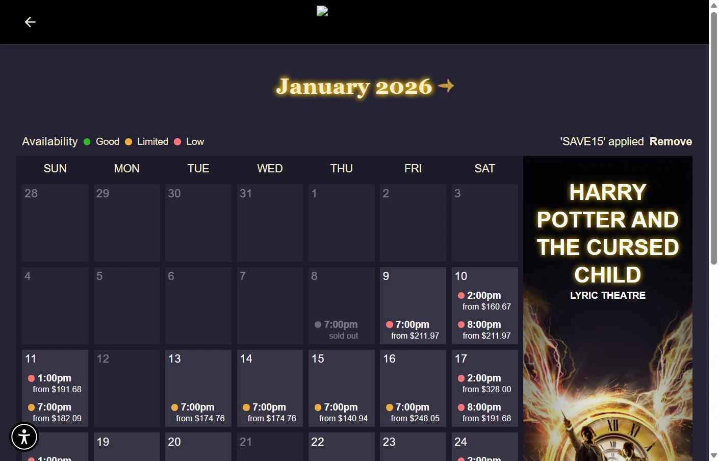 Lyric Theatre checkout page showing Lyric Theatre promo code box | Screenshot taken by SimplyCodes community member on Jan 8, 2026