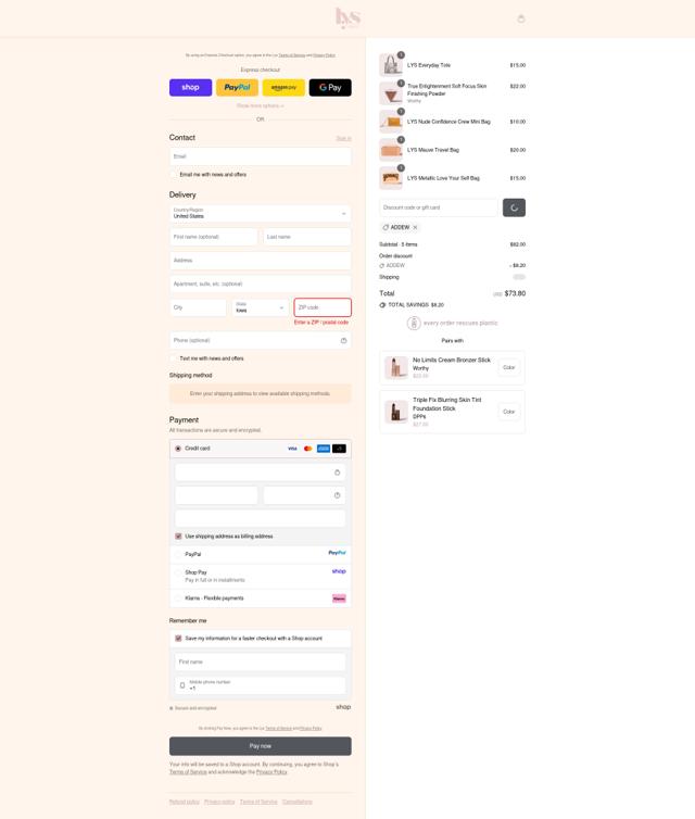 LYS Beauty checkout page showing LYS Beauty coupon code box | Screenshot taken by SimplyCodes community member on Sep 15, 2025