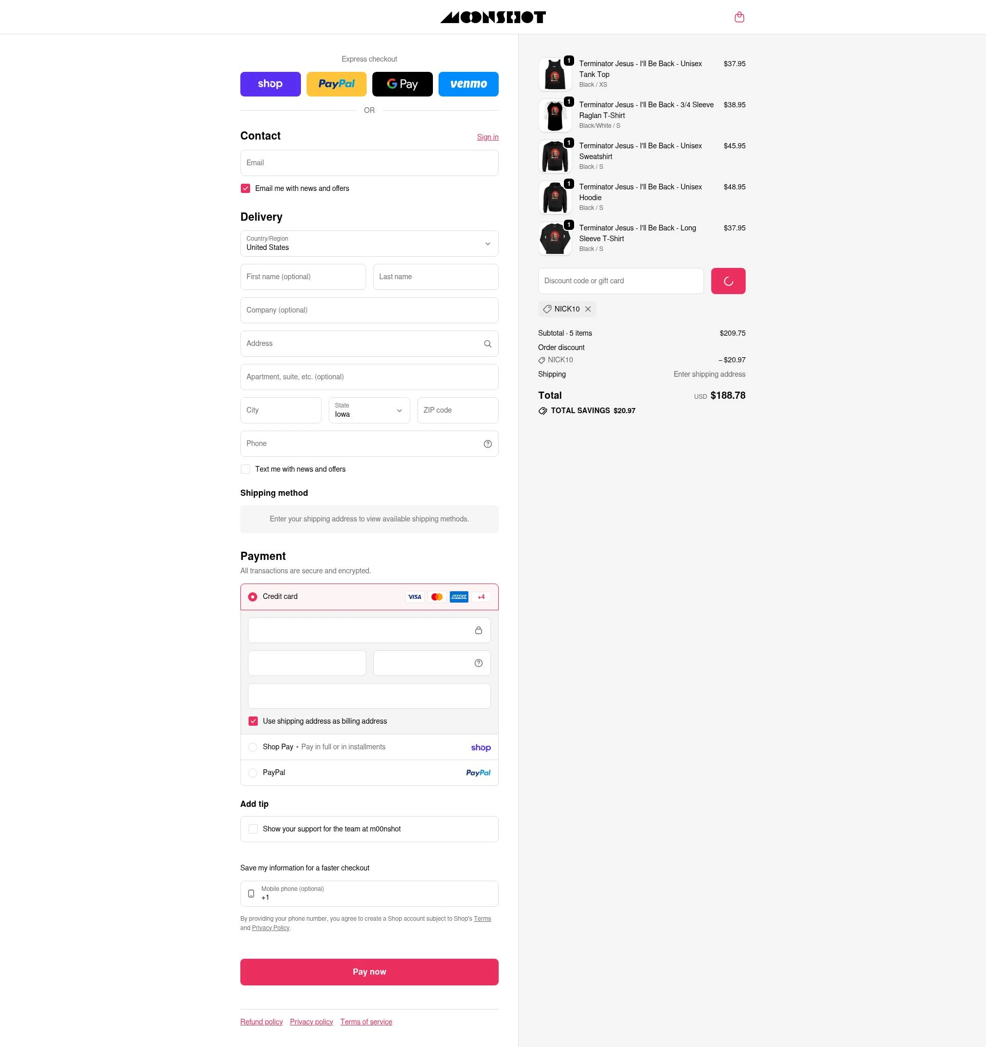m00nshot checkout page showing m00nshot discount code box | Screenshot taken by SimplyCodes community member on Feb 20, 2026