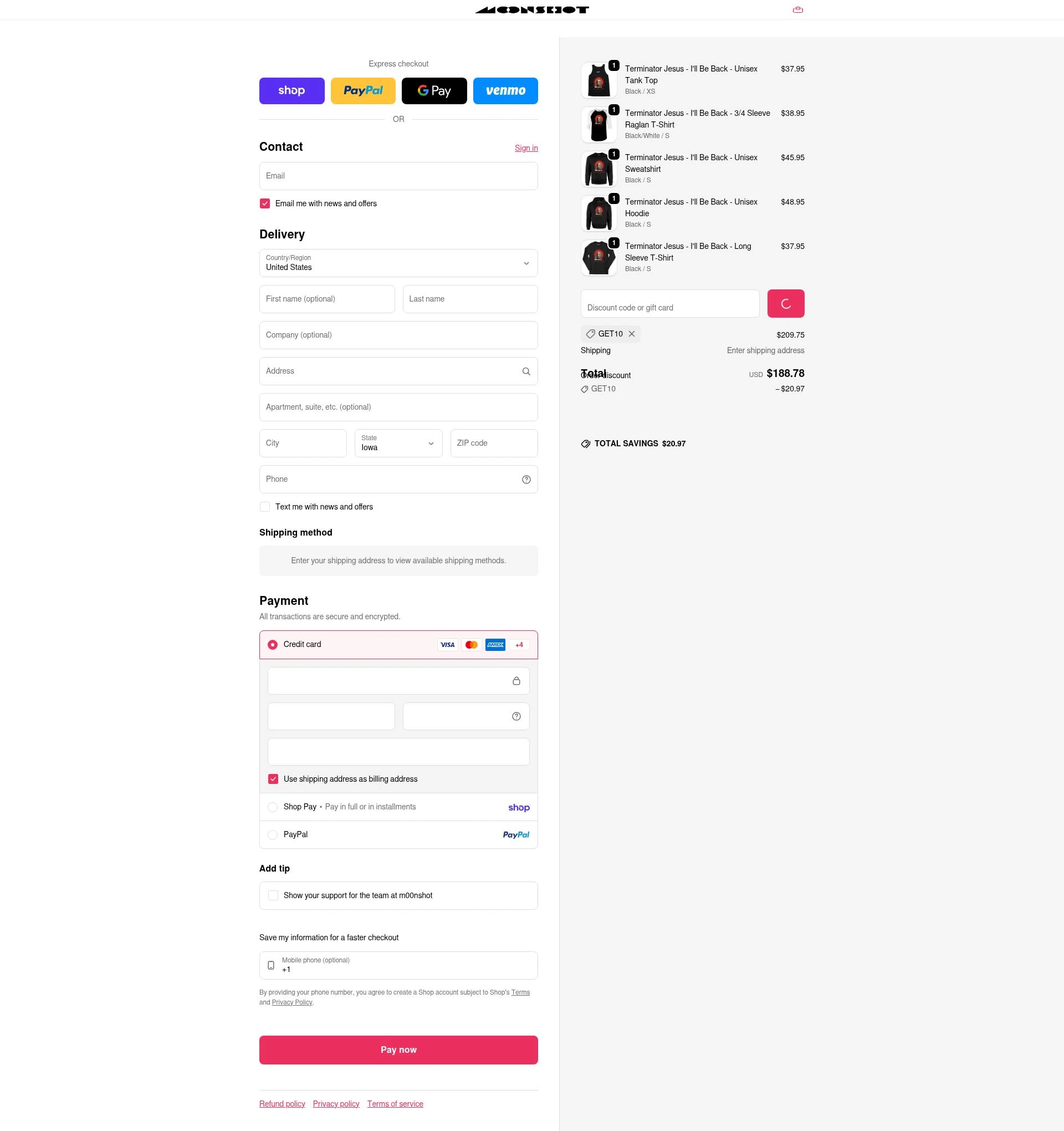m00nshot checkout page showing m00nshot discount code box | Screenshot taken by SimplyCodes community member on Feb 20, 2026