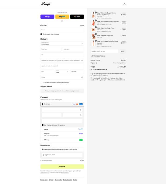 Maaji checkout page showing Maaji discount code box | Screenshot taken by SimplyCodes community member on Sep 12, 2025