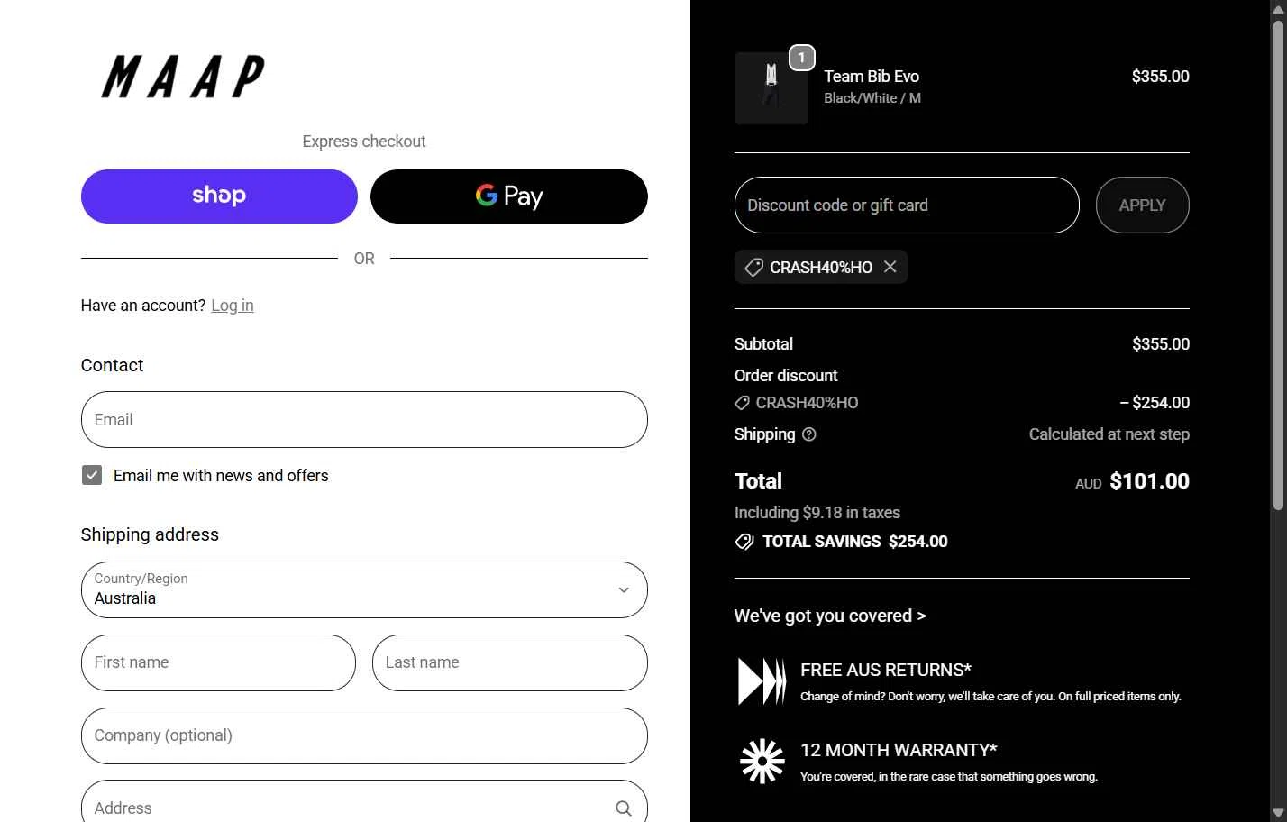 MAAP checkout page showing MAAP discount code box | Screenshot taken by SimplyCodes community member on Feb 9, 2026