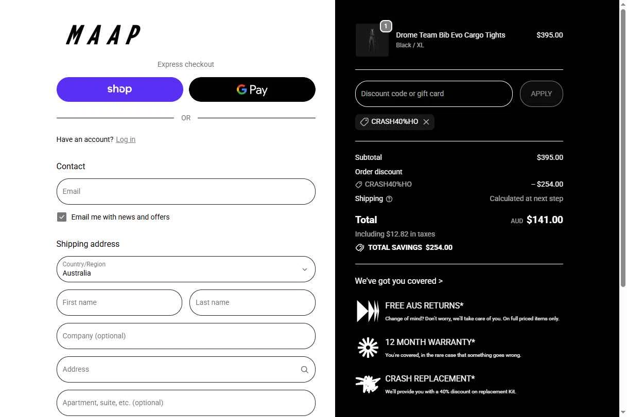 MAAP checkout page showing MAAP discount code box | Screenshot taken by SimplyCodes community member on Dec 30, 2025