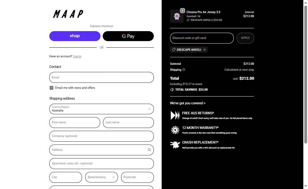 MAAP checkout page showing MAAP discount code box | Screenshot taken by SimplyCodes community member on Oct 21, 2025