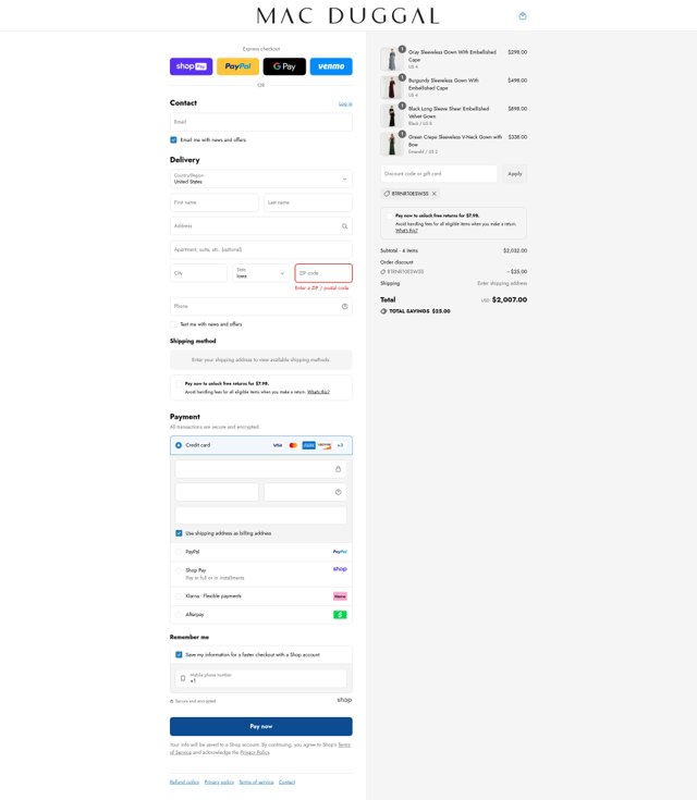 Mac Duggal checkout page showing Mac Duggal discount code box | Screenshot taken by SimplyCodes community member on Aug 27, 2025