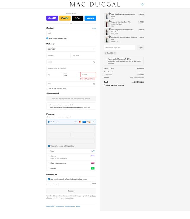 Mac Duggal checkout page showing Mac Duggal discount code box | Screenshot taken by SimplyCodes community member on Aug 27, 2025