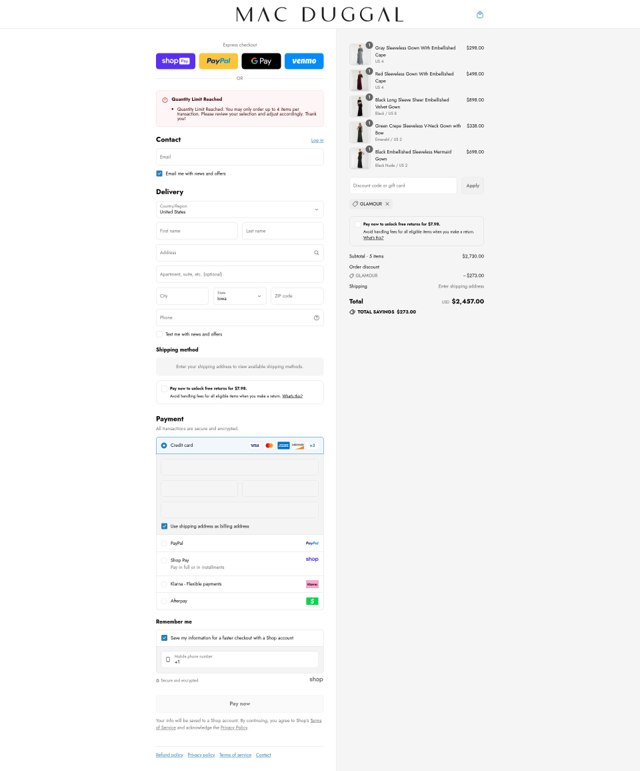 Mac Duggal checkout page showing Mac Duggal discount code box | Screenshot taken by SimplyCodes community member on Aug 23, 2025