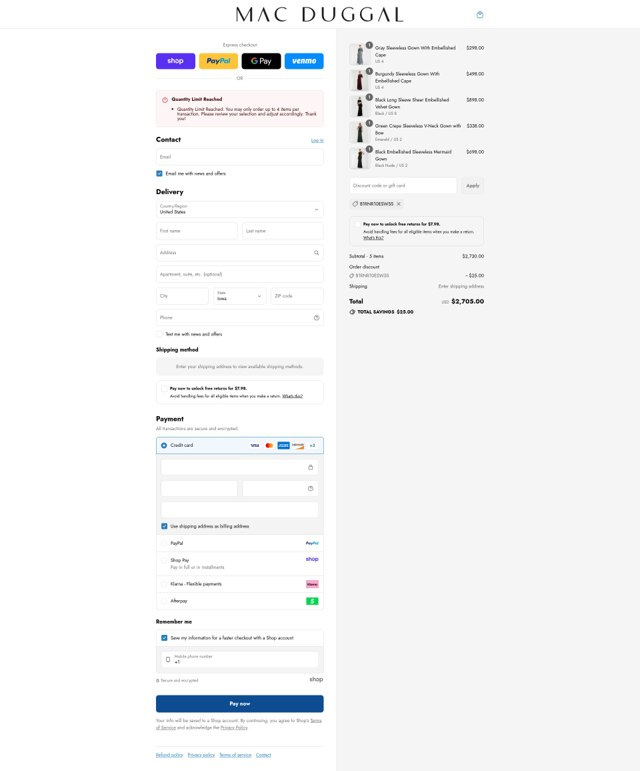 Mac Duggal checkout page showing Mac Duggal discount code box | Screenshot taken by SimplyCodes community member on Sep 4, 2025