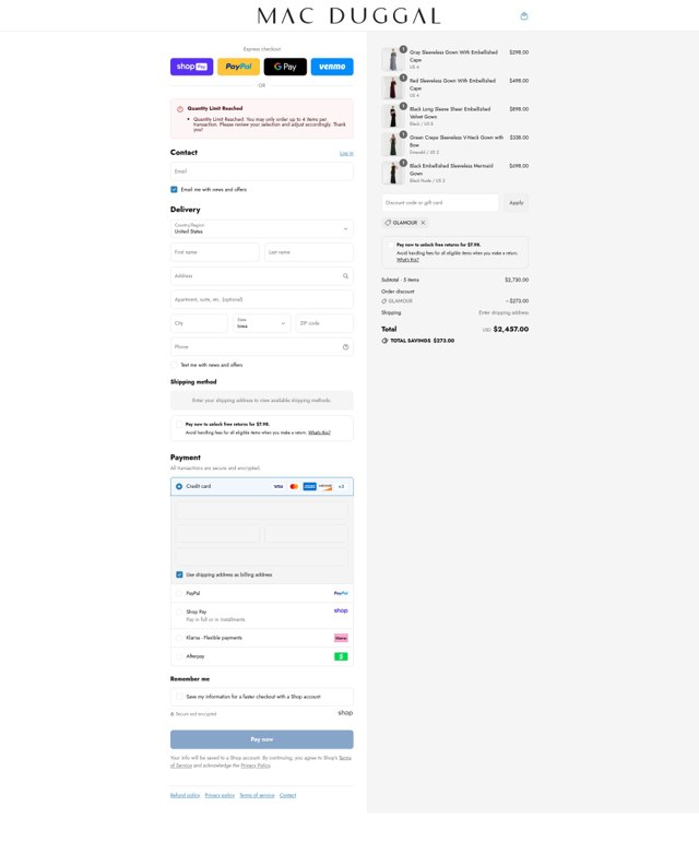 Mac Duggal checkout page showing Mac Duggal discount code box | Screenshot taken by SimplyCodes community member on Aug 17, 2025