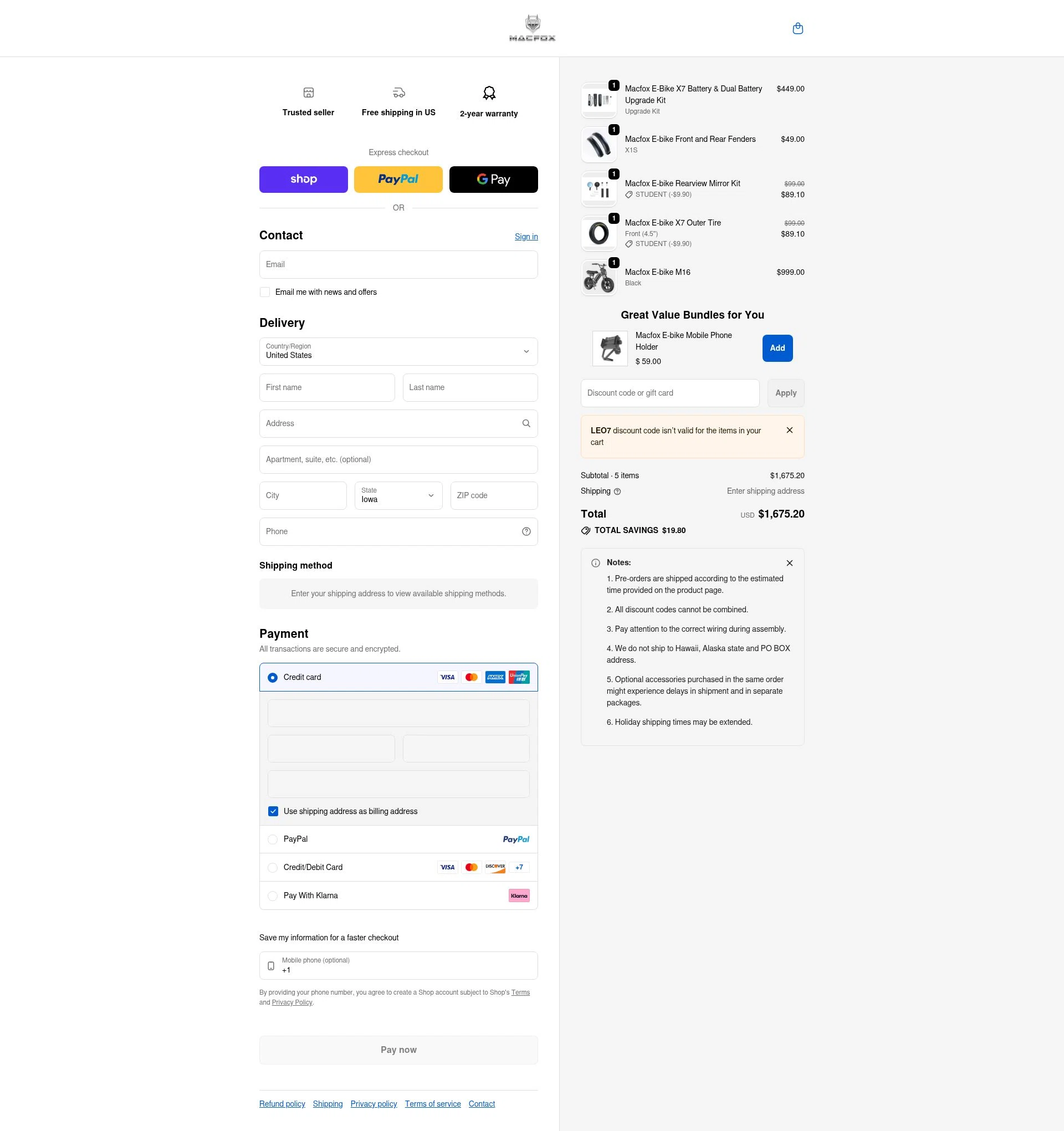 Macfoxbike checkout page showing Macfoxbike promo code box | Screenshot taken by SimplyCodes community member on Feb 13, 2026