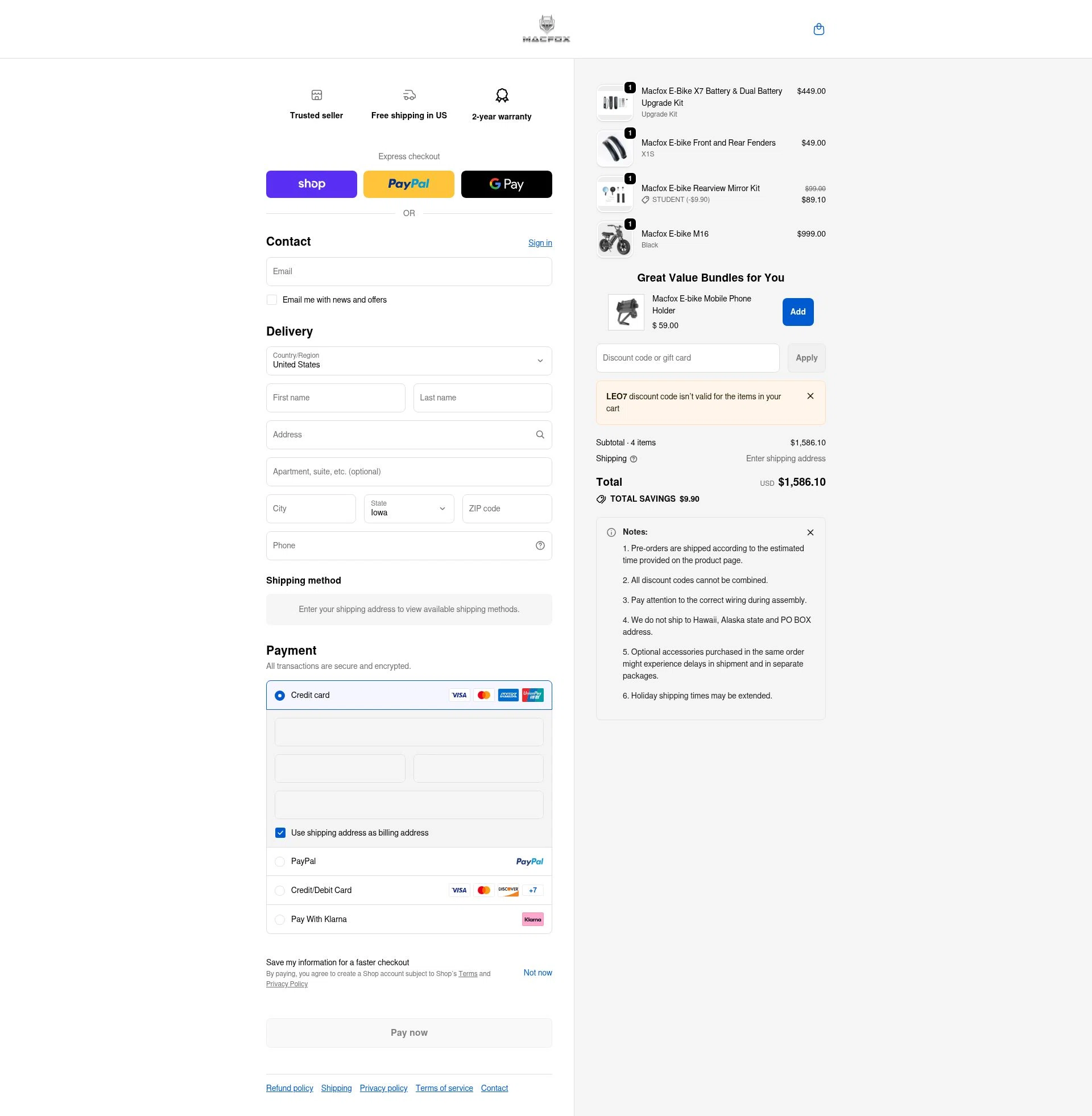 Macfoxbike checkout page showing Macfoxbike promo code box | Screenshot taken by SimplyCodes community member on Feb 18, 2026