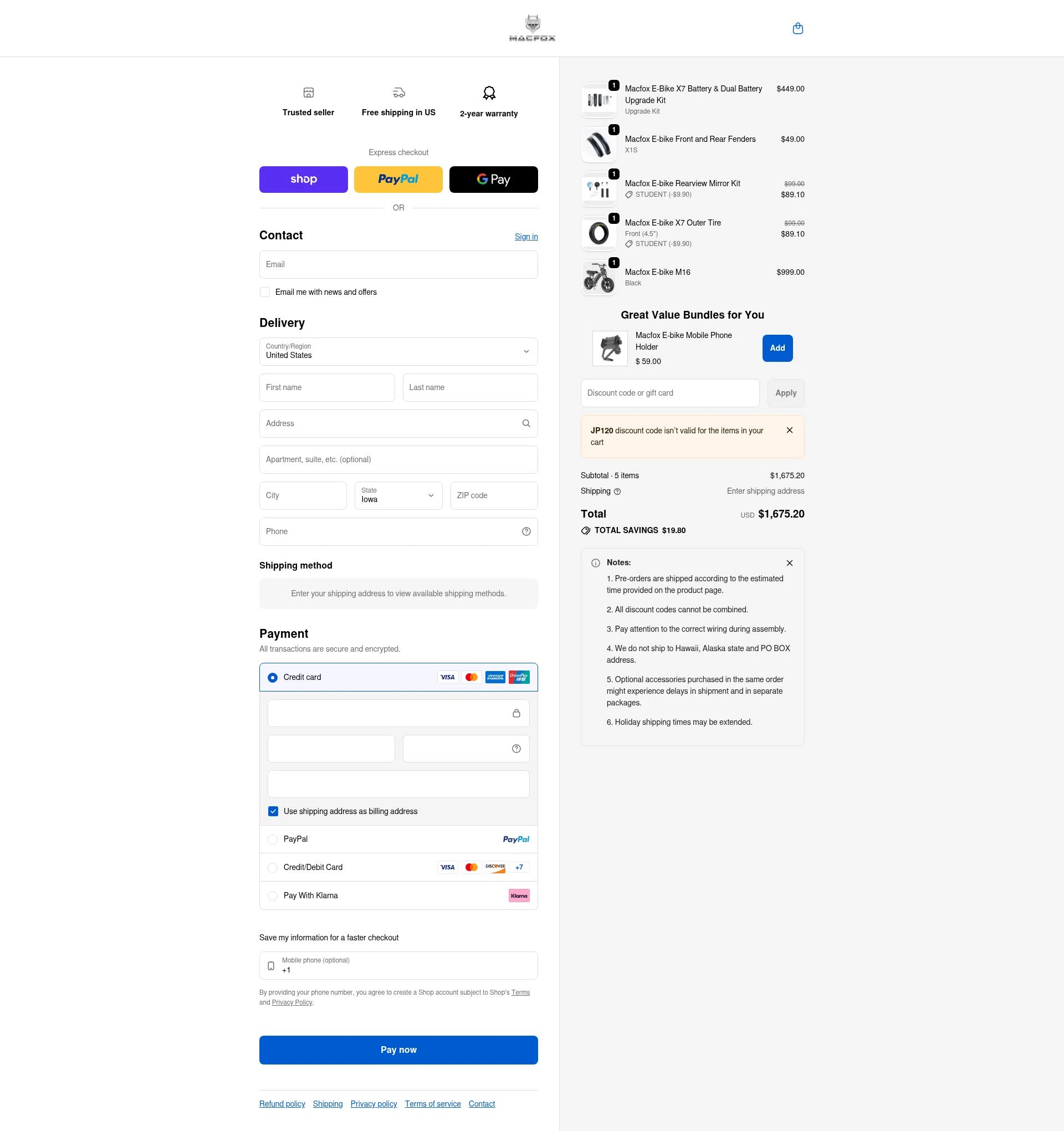 Macfoxbike checkout page showing Macfoxbike promo code box | Screenshot taken by SimplyCodes community member on Feb 13, 2026