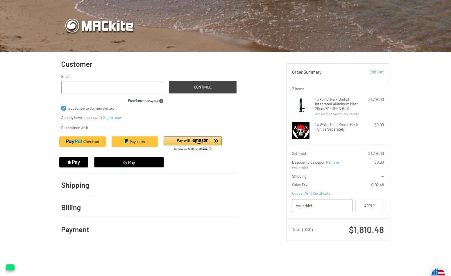 MACkite Boardsports checkout page showing MACkite Boardsports promo code box | Screenshot taken by SimplyCodes community member on Jul 28, 2025