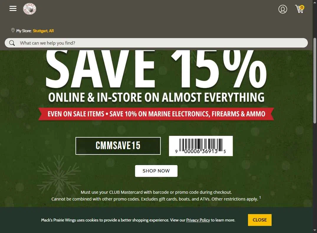 Mack's Prairie Wings checkout page showing Mack's Prairie Wings promo code box | Screenshot taken by SimplyCodes community member on Dec 11, 2025