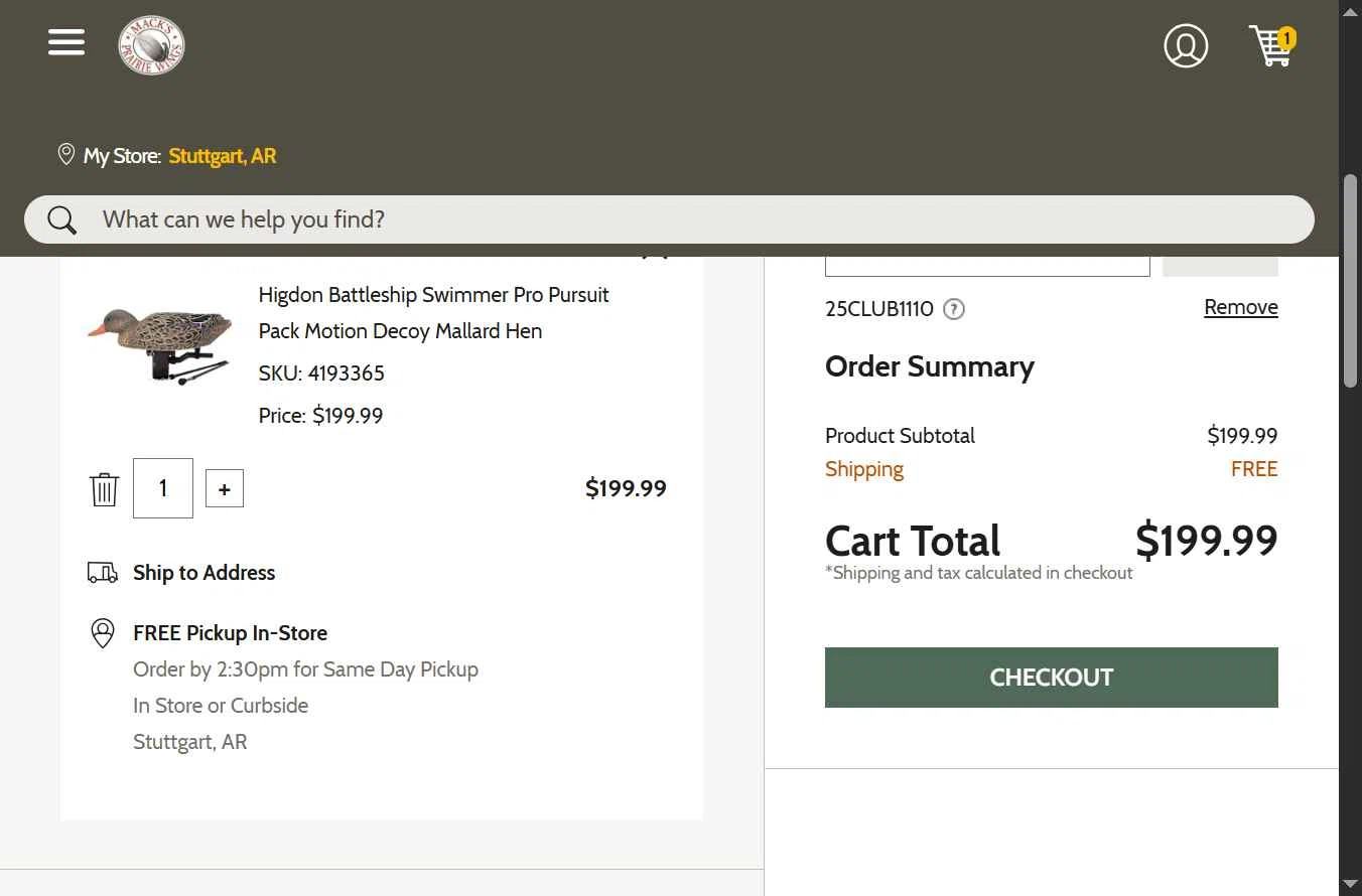 Mack's Prairie Wings checkout page showing Mack's Prairie Wings promo code box | Screenshot taken by SimplyCodes community member on Nov 10, 2025