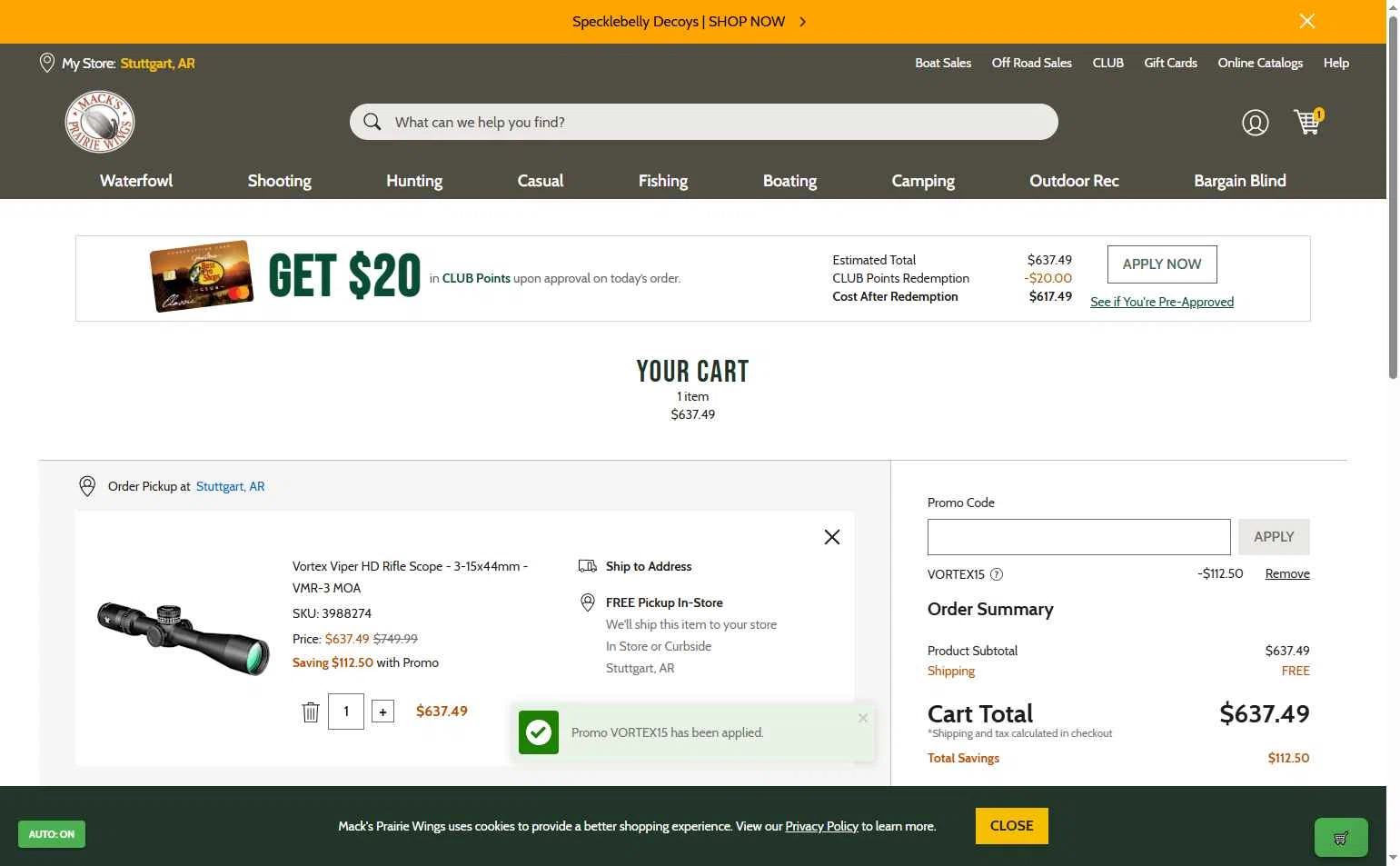 Mack's Prairie Wings checkout page showing Mack's Prairie Wings promo code box | Screenshot taken by SimplyCodes community member on Oct 9, 2025