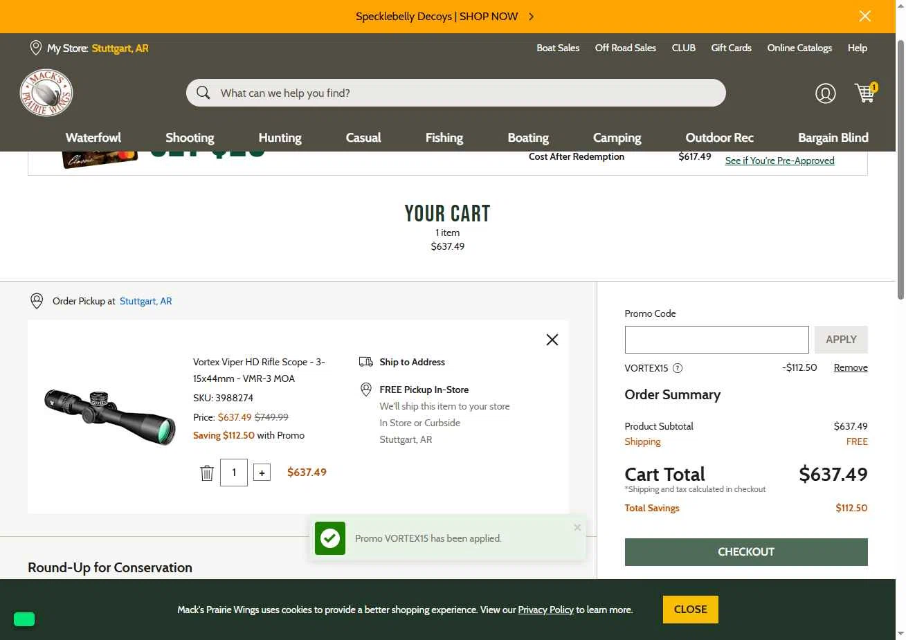 Mack's Prairie Wings checkout page showing Mack's Prairie Wings promo code box | Screenshot taken by SimplyCodes community member on Oct 9, 2025