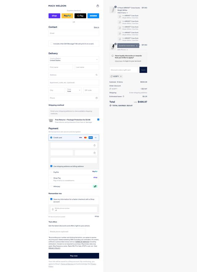Mack Weldon checkout page showing Mack Weldon discount code box | Screenshot taken by SimplyCodes community member on Sep 13, 2025