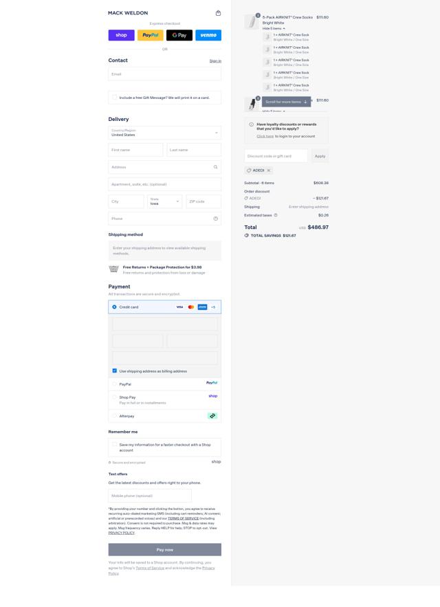 Mack Weldon checkout page showing Mack Weldon discount code box | Screenshot taken by SimplyCodes community member on Sep 13, 2025