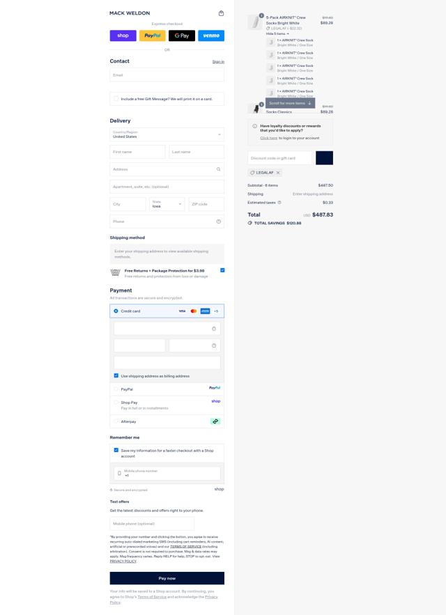 Mack Weldon checkout page showing Mack Weldon discount code box | Screenshot taken by SimplyCodes community member on Sep 13, 2025