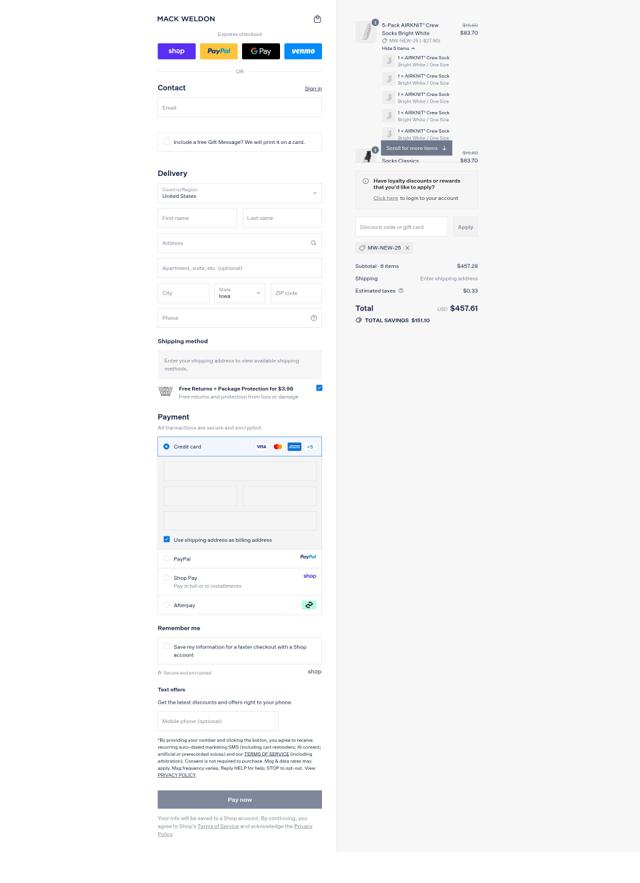 Mack Weldon checkout page showing Mack Weldon discount code box | Screenshot taken by SimplyCodes community member on Sep 13, 2025