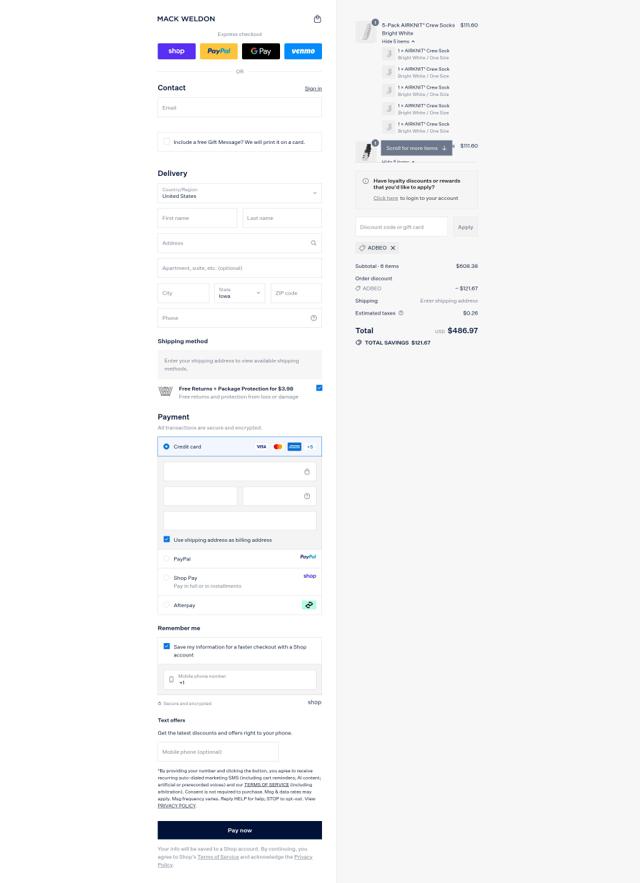 Mack Weldon checkout page showing Mack Weldon discount code box | Screenshot taken by SimplyCodes community member on Sep 13, 2025