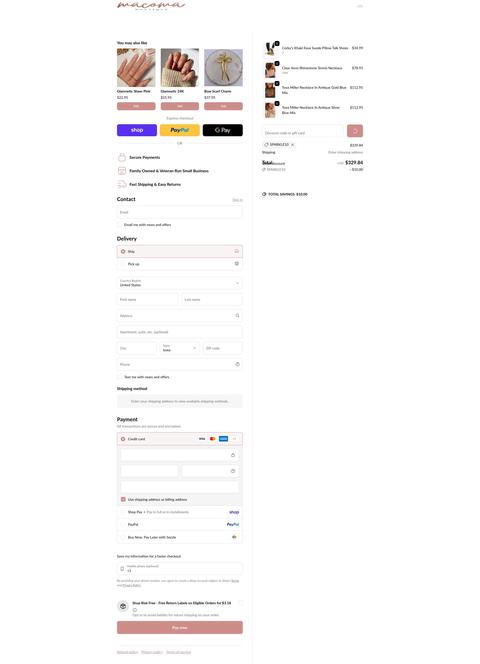 Macoma Boutique checkout page showing Macoma Boutique coupon code box | Screenshot taken by SimplyCodes community member on Feb 19, 2026