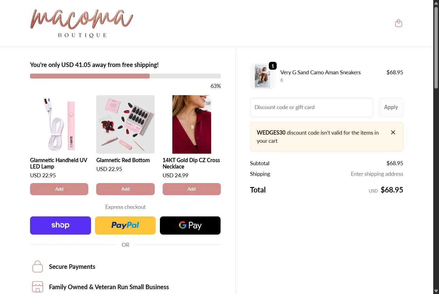 Macoma Boutique checkout page showing Macoma Boutique coupon code box | Screenshot taken by SimplyCodes community member on Feb 17, 2026