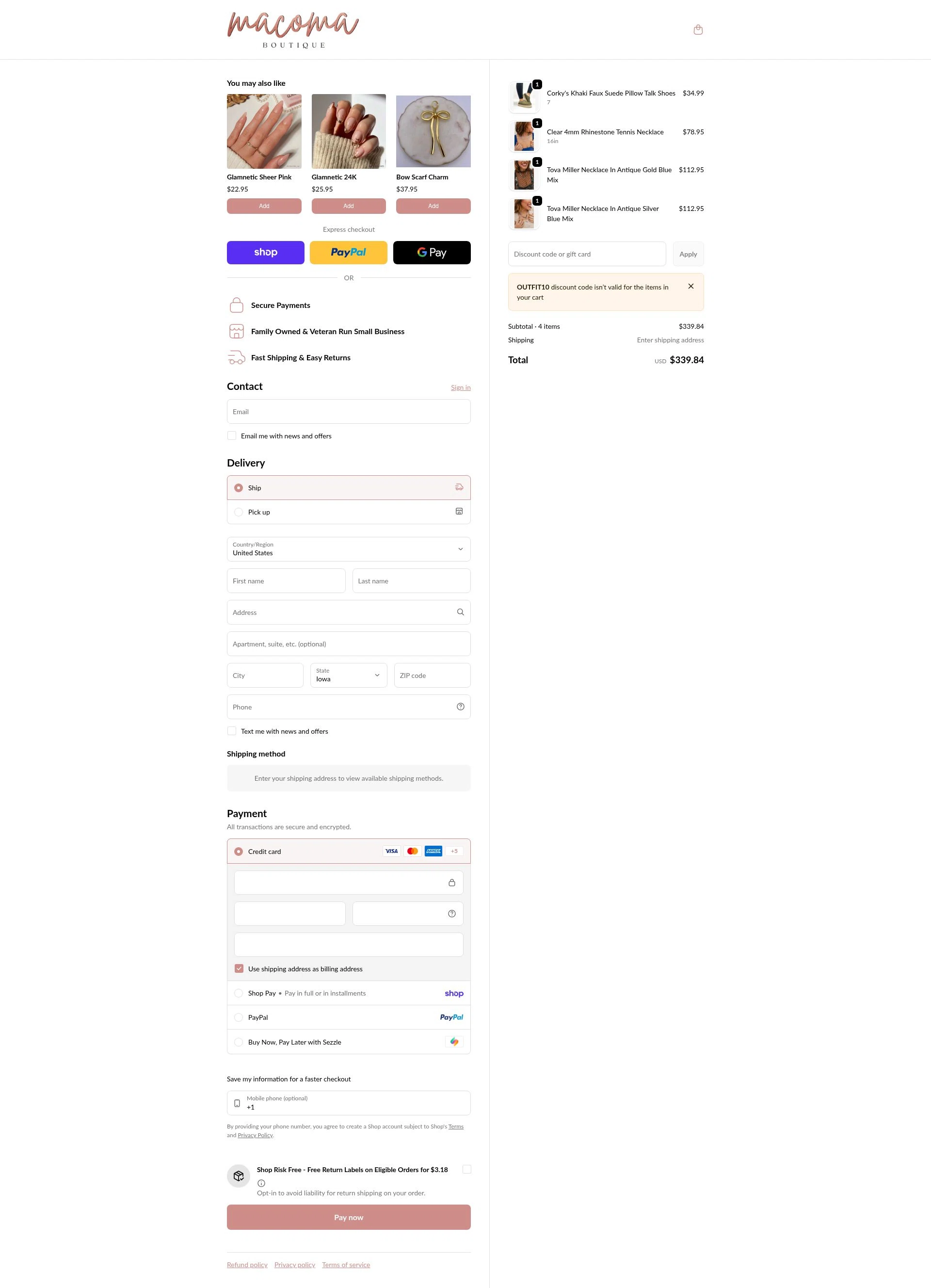 Macoma Boutique checkout page showing Macoma Boutique coupon code box | Screenshot taken by SimplyCodes community member on Feb 19, 2026