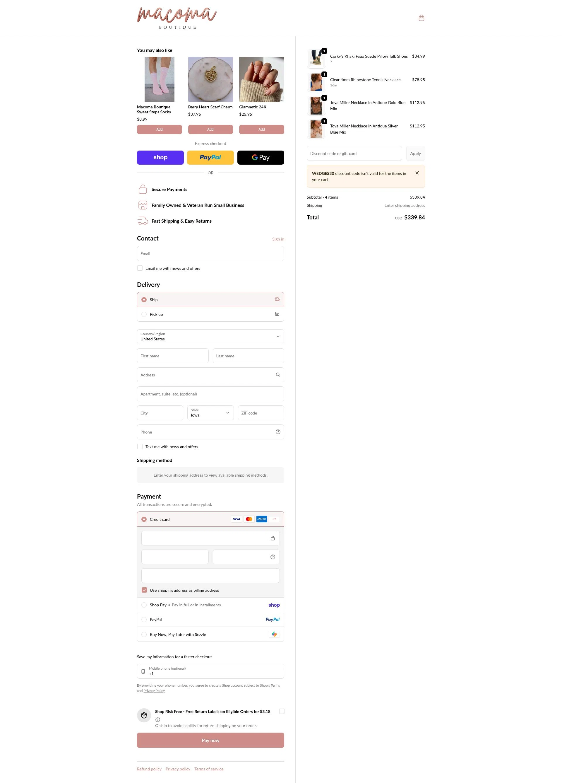 Macoma Boutique checkout page showing Macoma Boutique coupon code box | Screenshot taken by SimplyCodes community member on Feb 15, 2026