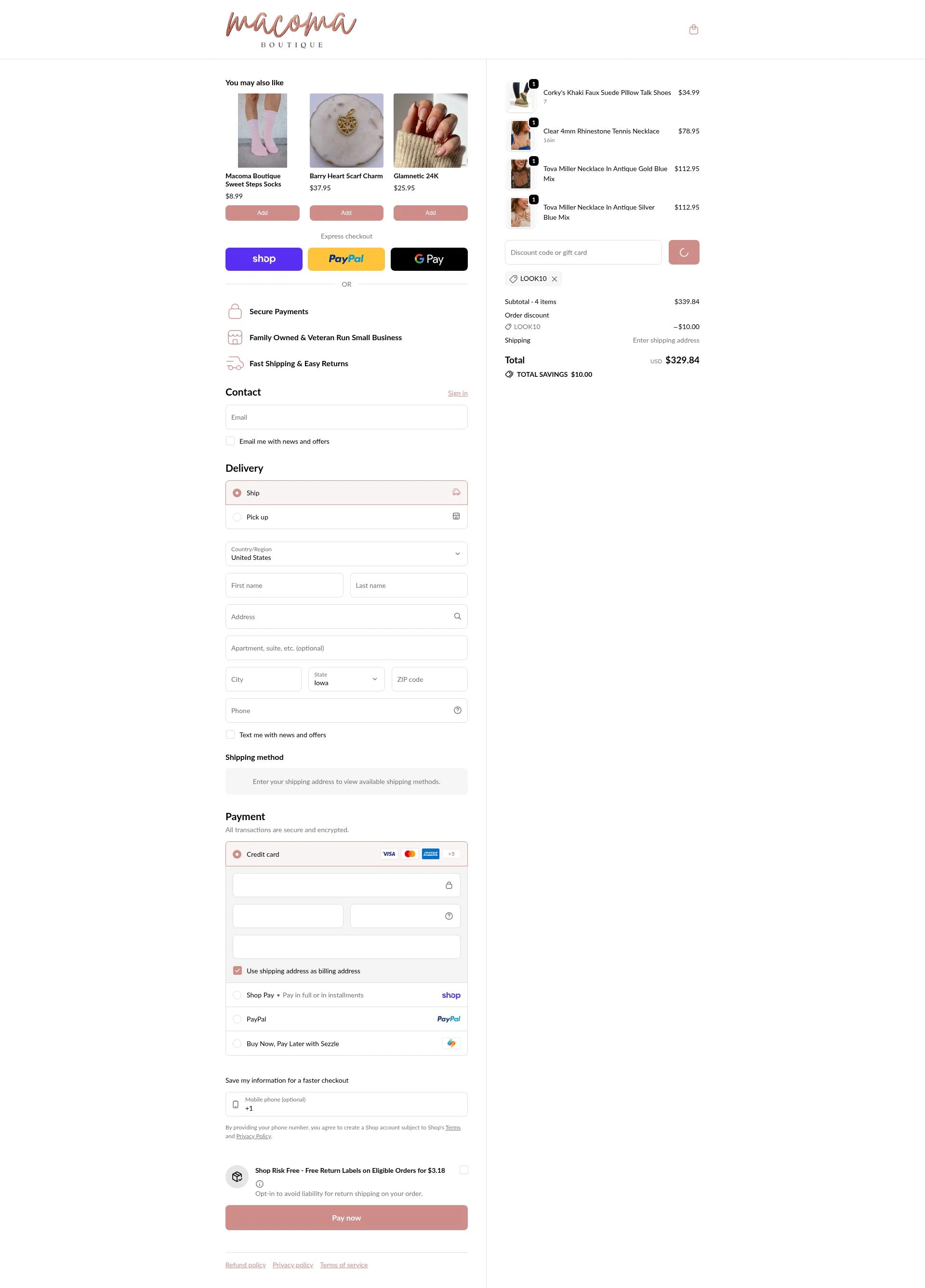 Macoma Boutique checkout page showing Macoma Boutique coupon code box | Screenshot taken by SimplyCodes community member on Feb 15, 2026