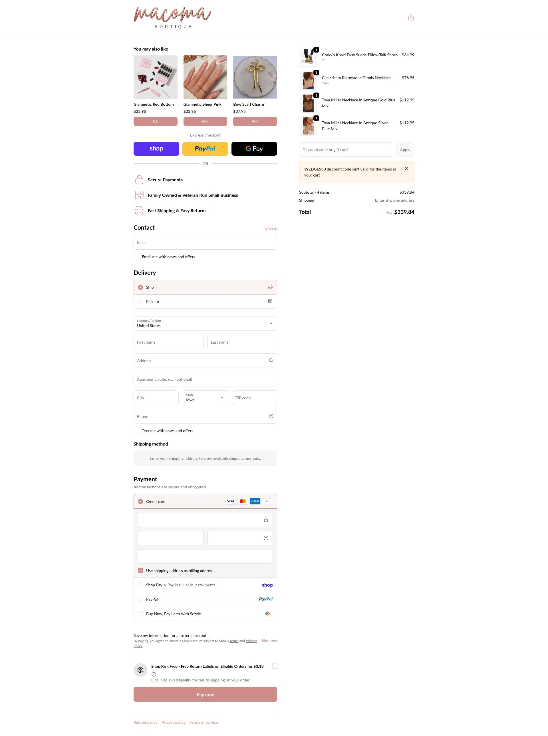 Macoma Boutique checkout page showing Macoma Boutique coupon code box | Screenshot taken by SimplyCodes community member on Feb 18, 2026